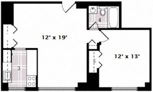 Floor plan for 1 bed, 1 bath, 512 sqft